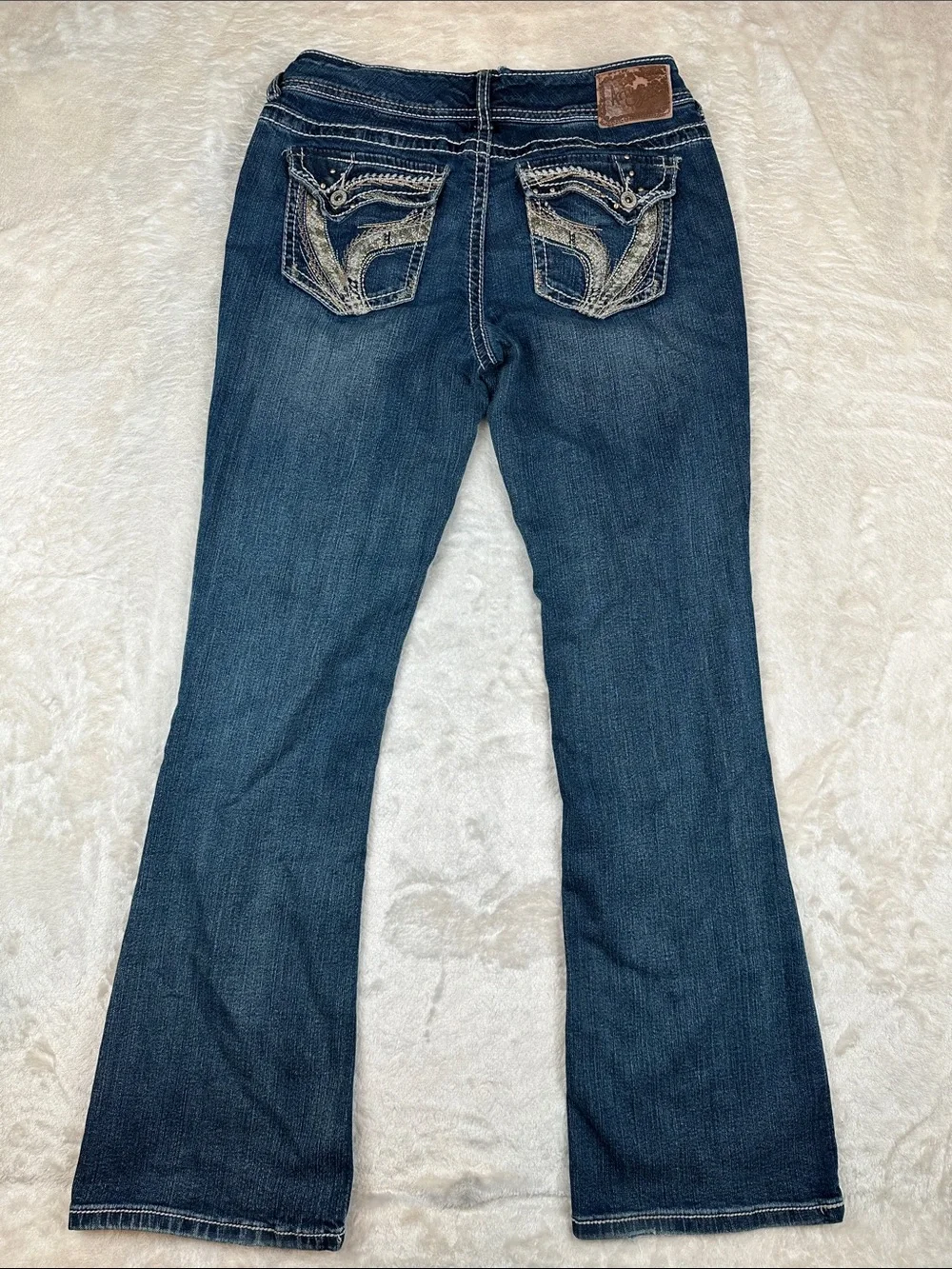 Ariya Jeans Womens 11/12 Bootcut Dark Wash Embellished Flap Pocket Stretch Y2K